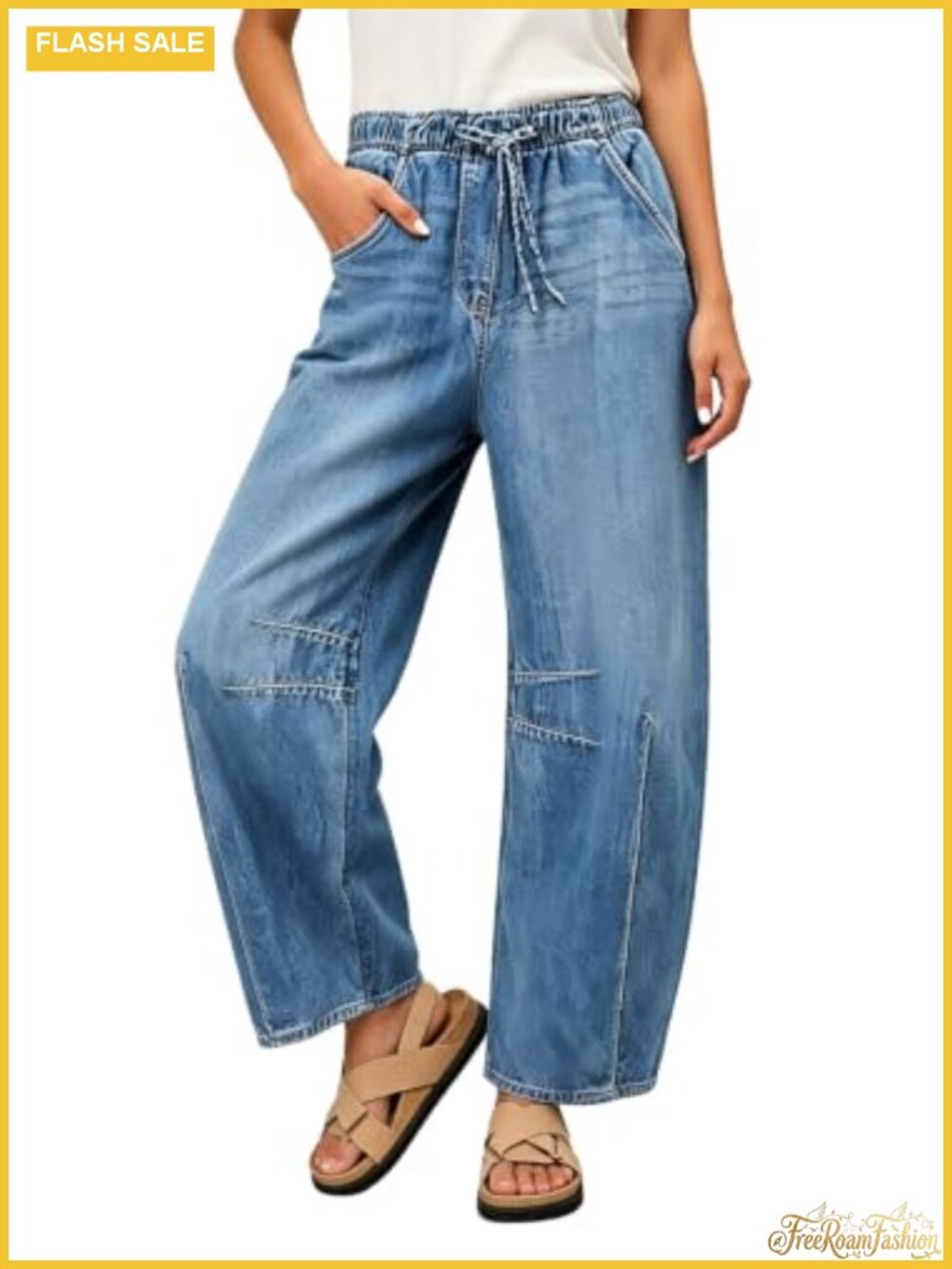 Baggy Drawstring Barrel Jeans Pull On Elastic Waist Wide Leg Denim Pants